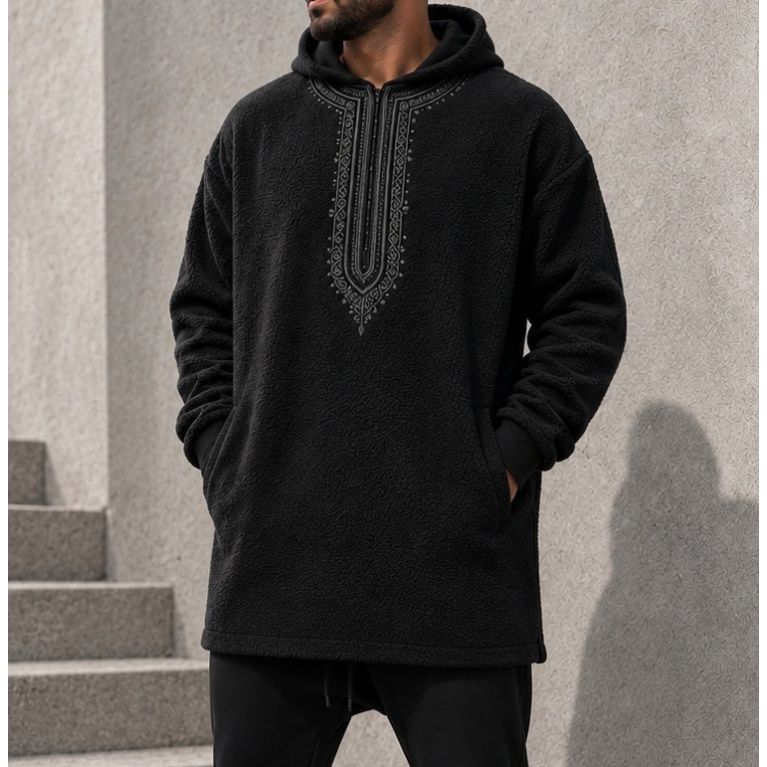 Sweat Polaire Long Homme à Capuche Brodée – Etniz Qaba'il W27
