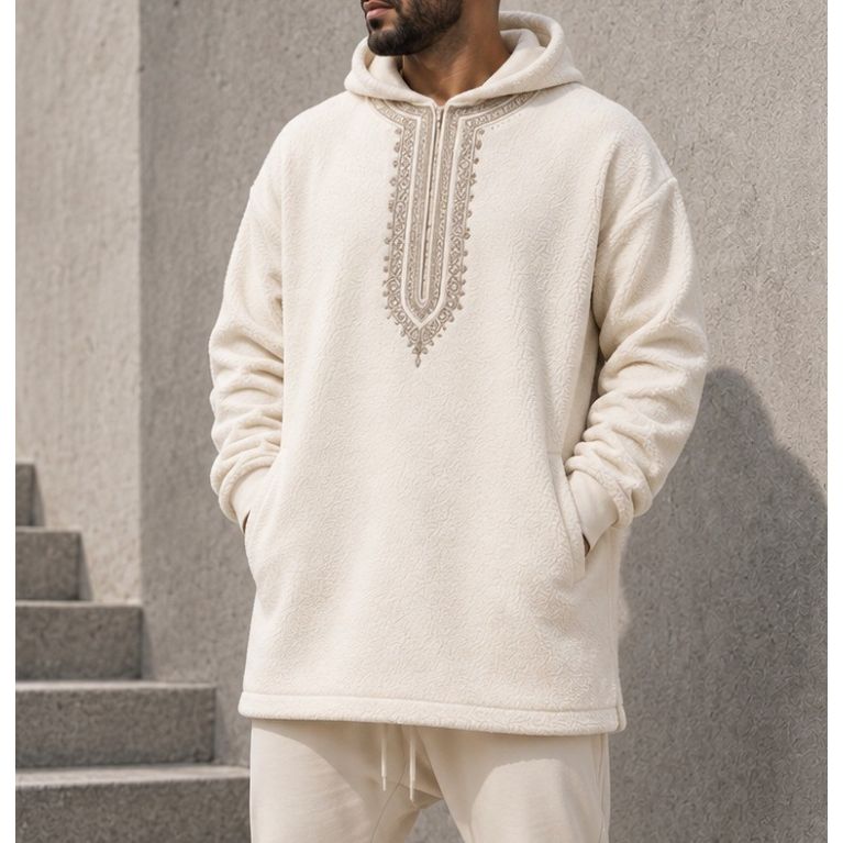 Sweat Polaire Long Homme à Capuche Brodée – Etniz Qaba'il W27