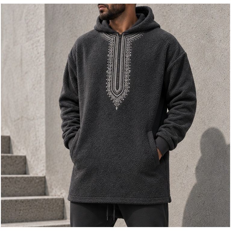 Sweat Polaire Long Homme à Capuche Brodée – Etniz Qaba'il W27