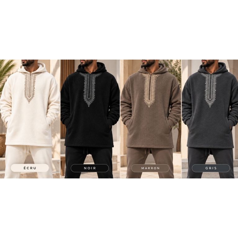 Sweat Polaire Long Homme à Capuche Brodée – Etniz Qaba'il W27