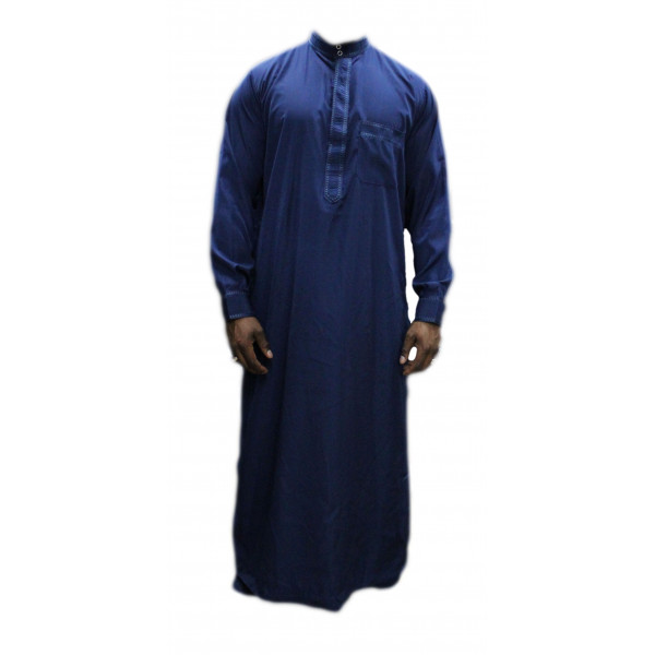Qamis bleu foncé avec pantalon Afaq : bouton col et manches